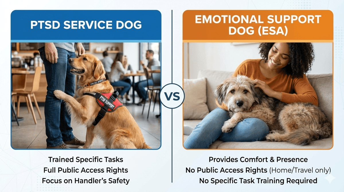 PTSD Service Dog vs Emotional Support Dog: Why Tasks Matter (And What Counts as a Task)
